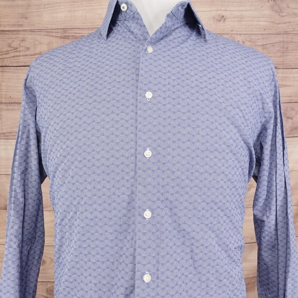 Ben Sherman Shirt Mens 16.5 Blue Geometric Stretch Tailored Slim Fit Long Sleeve